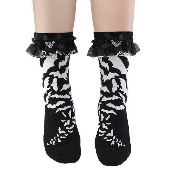 Black & White Bat Ankle Socks with Ruffle Trim and Bow - Picture 1 of 1